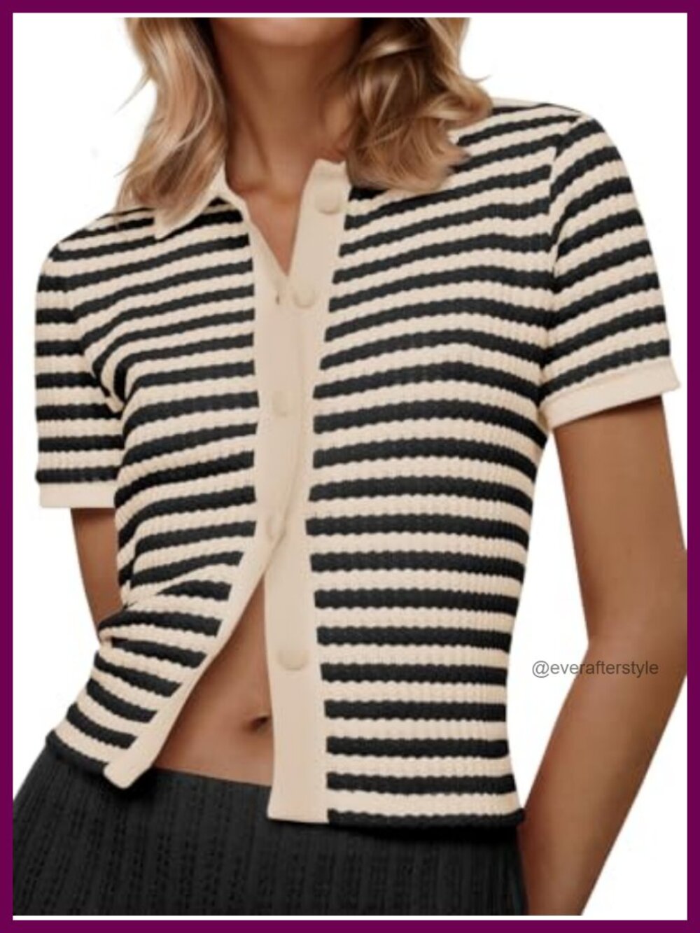 Striped Short Sleeve Cropped Cardigan Sweater - Collared Polo Button Top